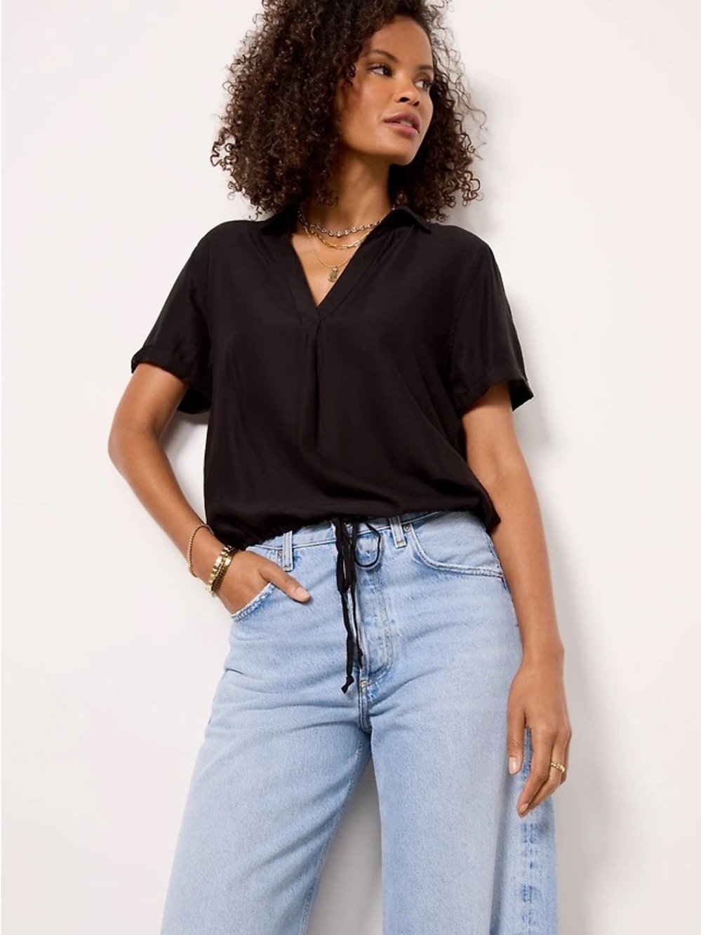 cloth & stone Black V-Neck Short Sleeve Drawstring Top